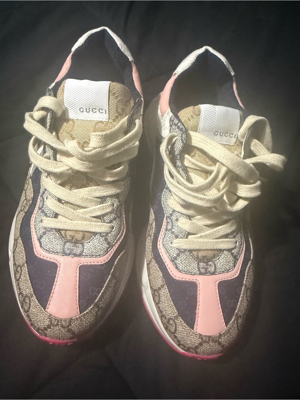 Gucci Rhyton Logo Monogram Chunky Sneakers in Pink, Navy & Beige